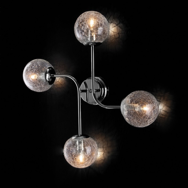 Plafoniera in ferro cromo lucido 4 luci con sfere in vetro soffiato crackle trasparente