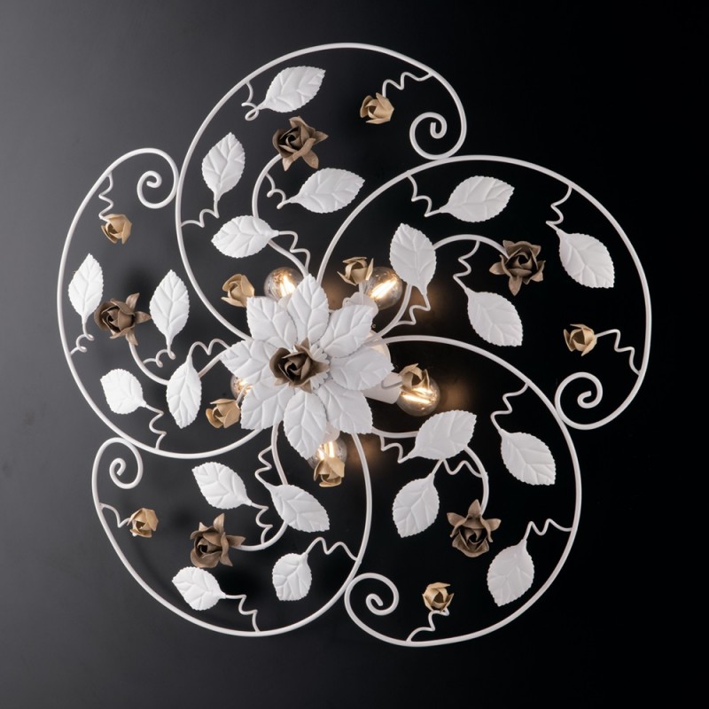 Plafoniera in ferro laccato bianco con decorazione shabby 5 luci  cm 65