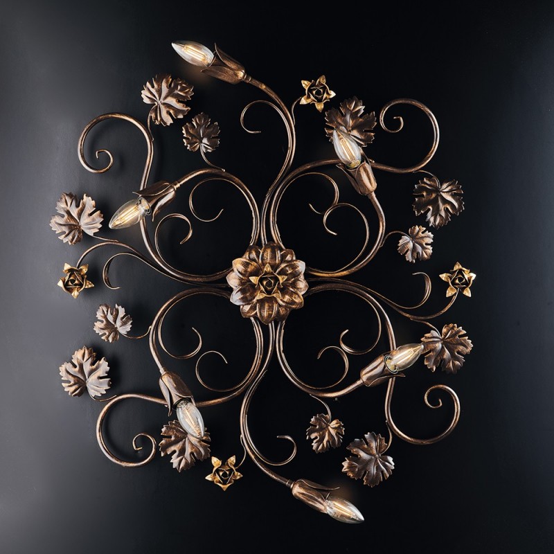 Plafoniera rosoni in ferro Marrone Oro sei luci 79x67x h17 cm