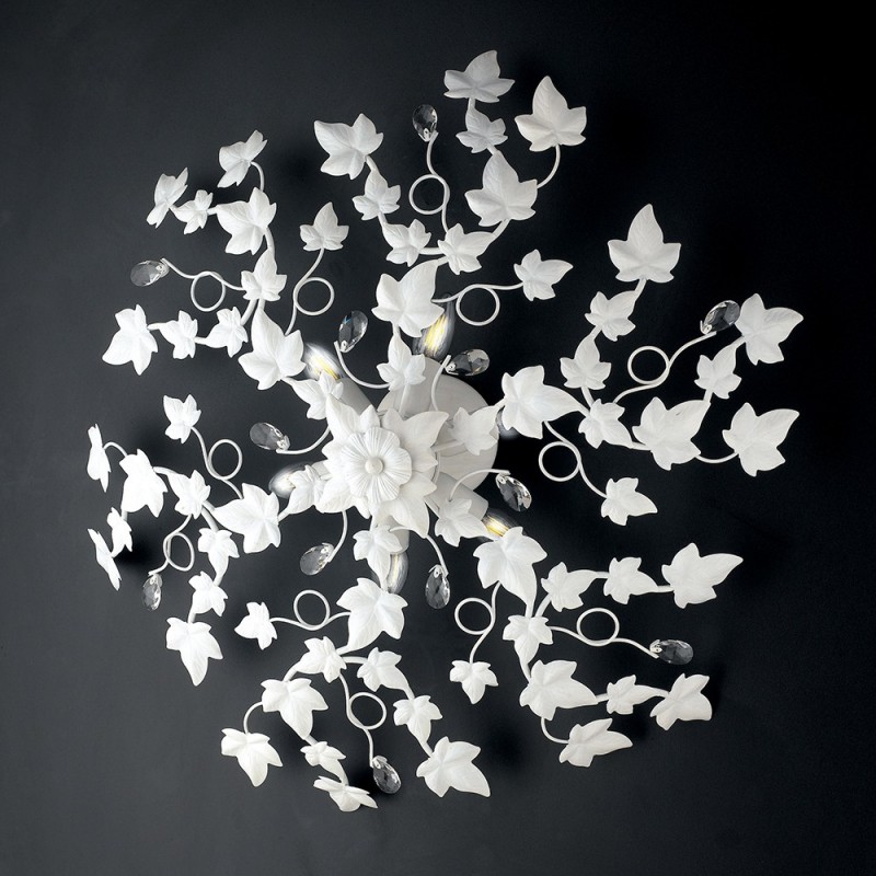 Plafoniera shabby in ferro sei luci Bianco strass in cristallo cm 80  edera