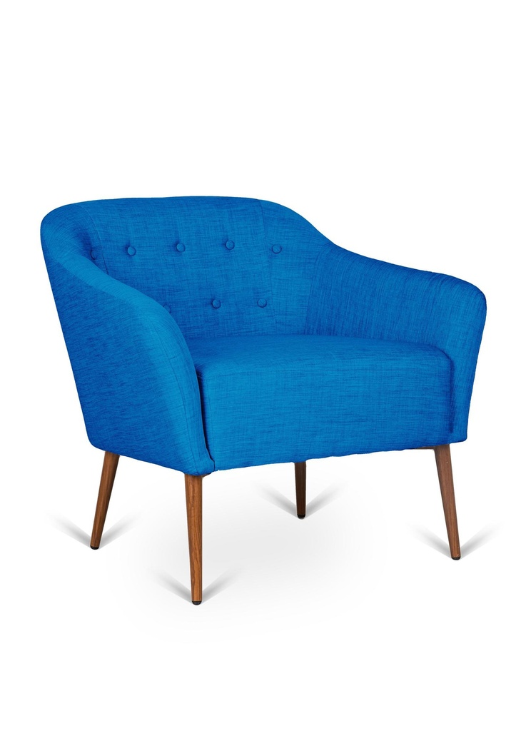 Poltrona elegante in tessuto blu e gambe marroni, dimensioni 72x84x76 cm
