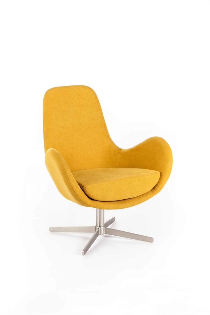Poltrona girevole in tessuto giallo, 64x72x42 cm, con seduta in poliuretano espanso e ovatta, struttura in metallo