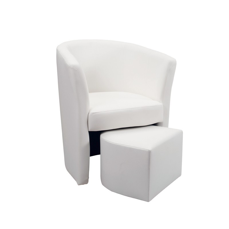 Poltrona imbottita rivestita in ecopelle bianca e pouff estraibile 64x63xh.76