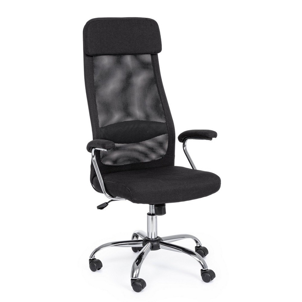 Poltrona ufficio con braccioli in acciaio e tessuto nero - Misure: 59,5x64x116/125 cm