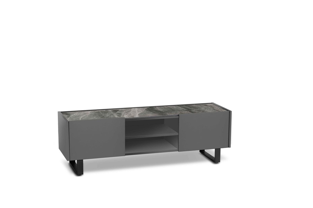 Porta TV elegante in grigio scuro con top in ceramica marmo grigio, struttura in MDF e gambe in metallo, dimensioni 40 cm x 140 cm x 45 cm