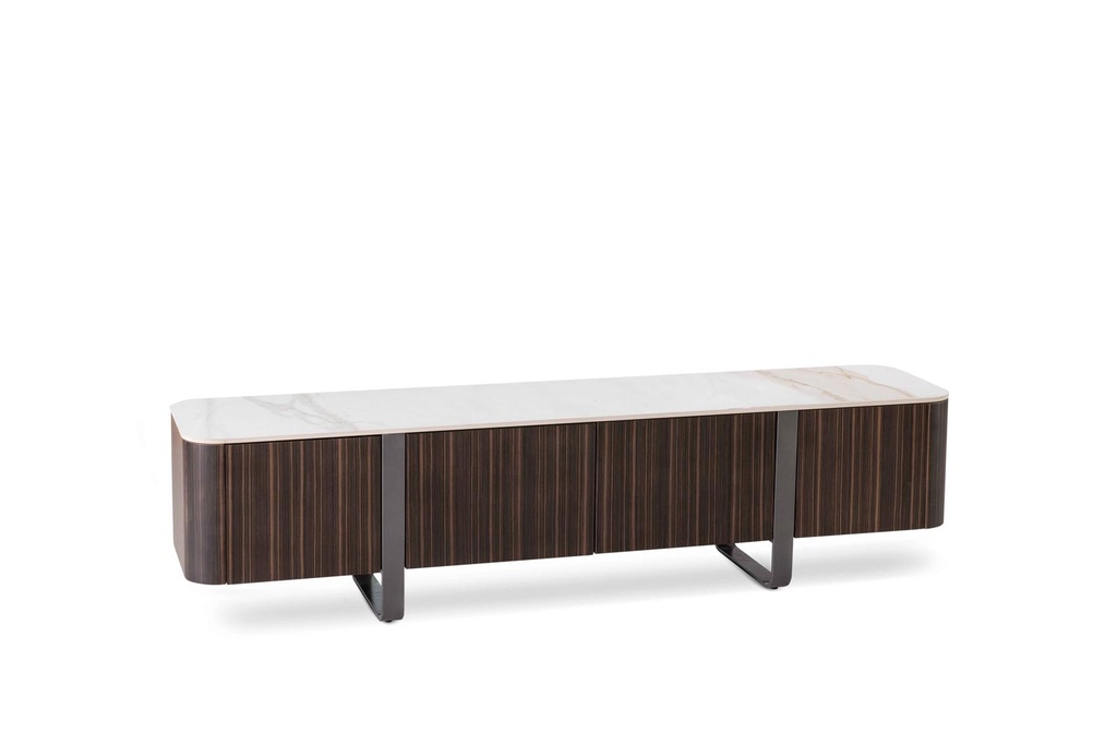 Porta TV in oro-ebano con top in ceramica marmo calacatta, struttura in MDF impiallacciato e gambe in metallo, 40x180x45 cm