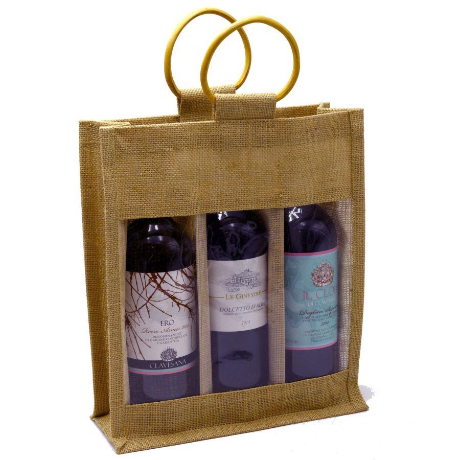 Portabottiglie in juta con manici rattan, 3 posti, 27x9x32 cm