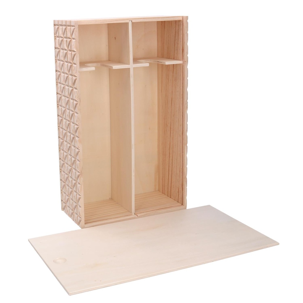 Portabottiglie in legno con due scomparti e coperchio scorrevole