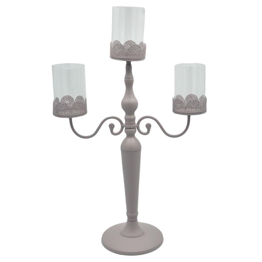 Portacandele candelabro metallo tortora 3 posti con vetro 38x17x62 cm
