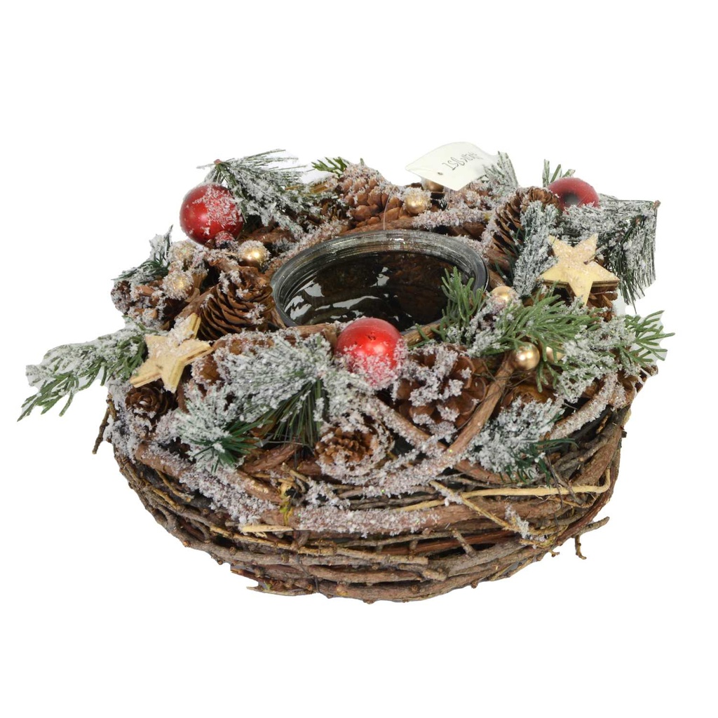 Portacandele innevato con bacche rosse e pigne ø18x11 cm