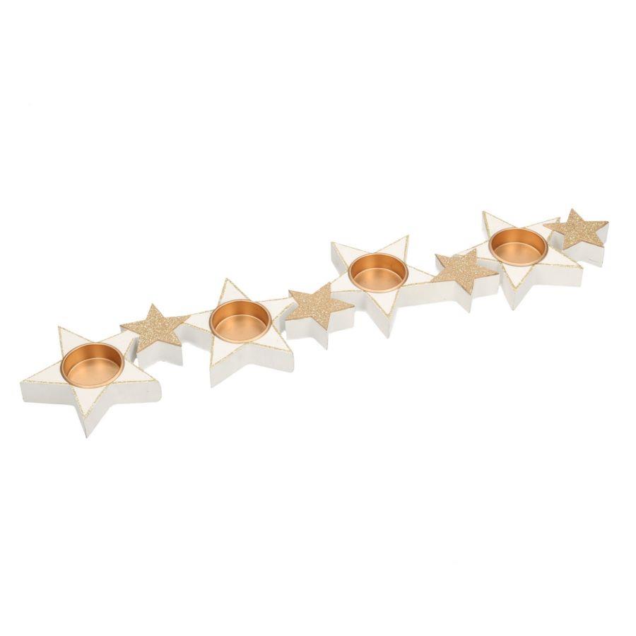 Portacandele legno bianco oro stelle 4 pezzi 48,5x11,5x2,3 cm