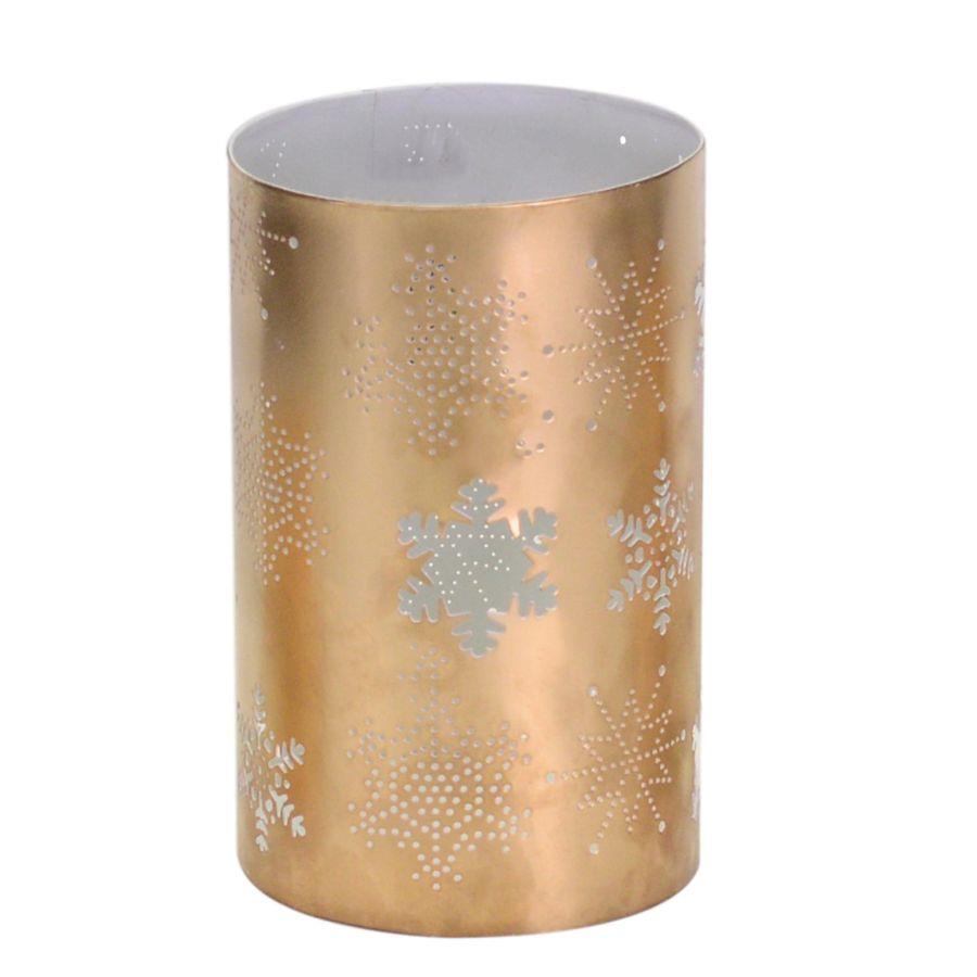 Portacandele in metallo oro bianco con fiocchi di neve - 10x10x16 cm
