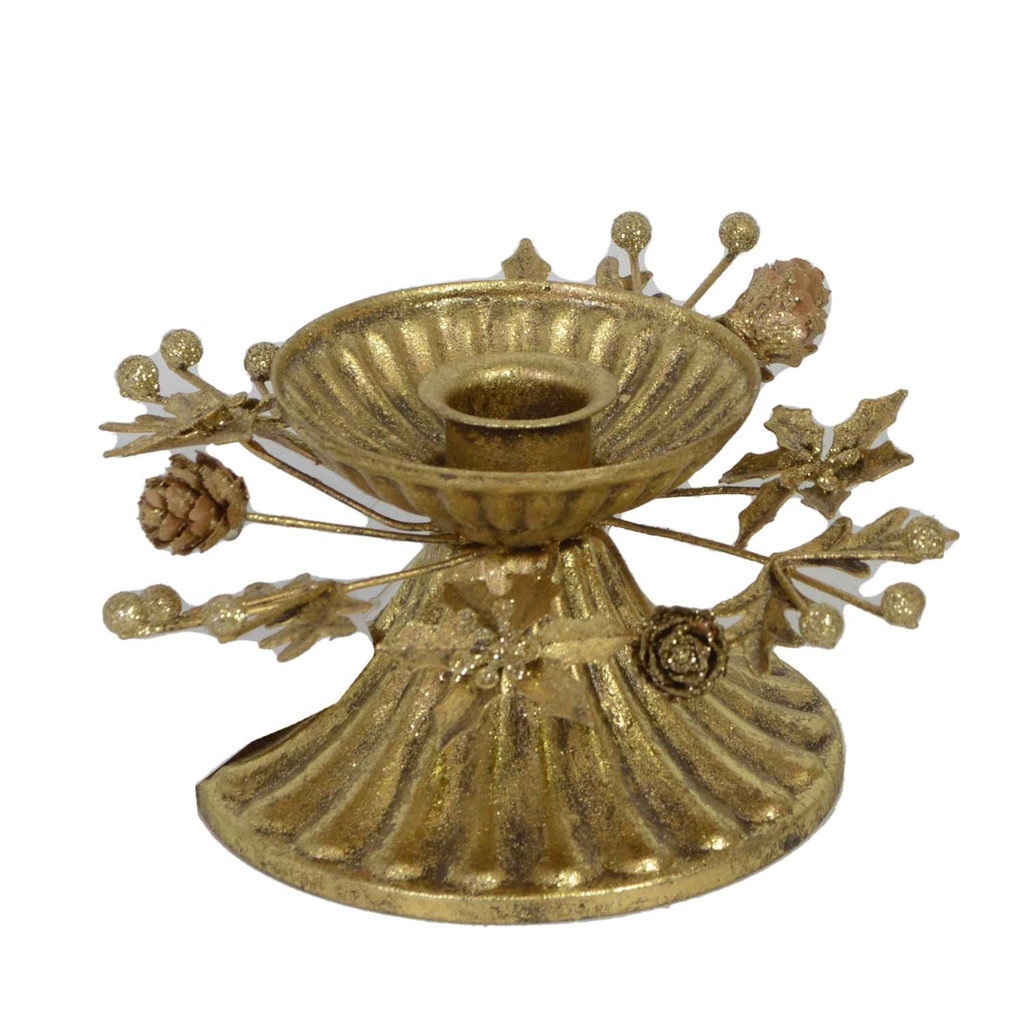 Portacandele in metallo con pigne d'oro, dimensioni ø12x6 cm
