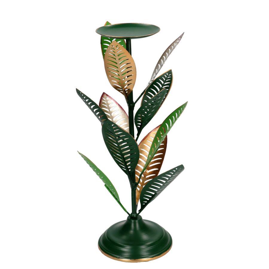 Portacandele in metallo verde oro con foglie, 1 pezzo, 21 cm di diametro e 38 cm di altezza