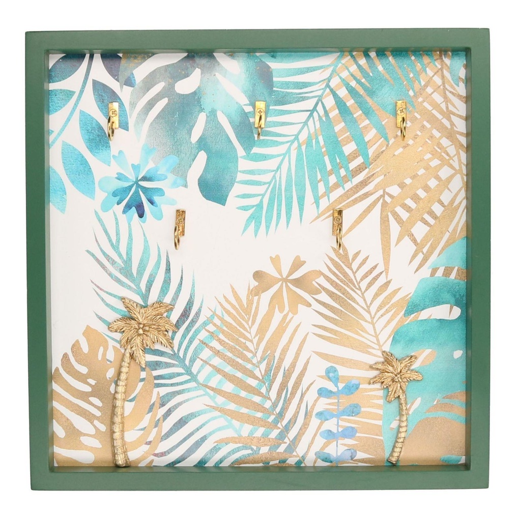 Portachiavi in legno verde con foglie, 5 posti, 29x29x3 cm