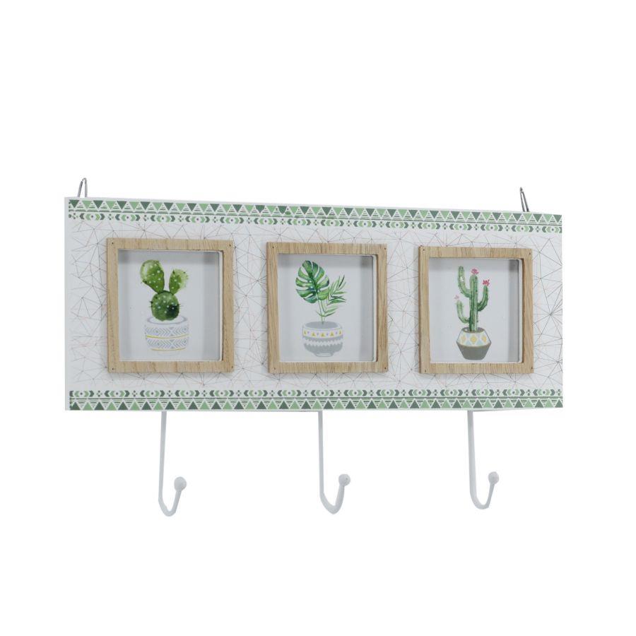 Portafoto multiplo a forma di cactus in legno da parete con appendino, 3 posti, 34x19,5x3,5 cm