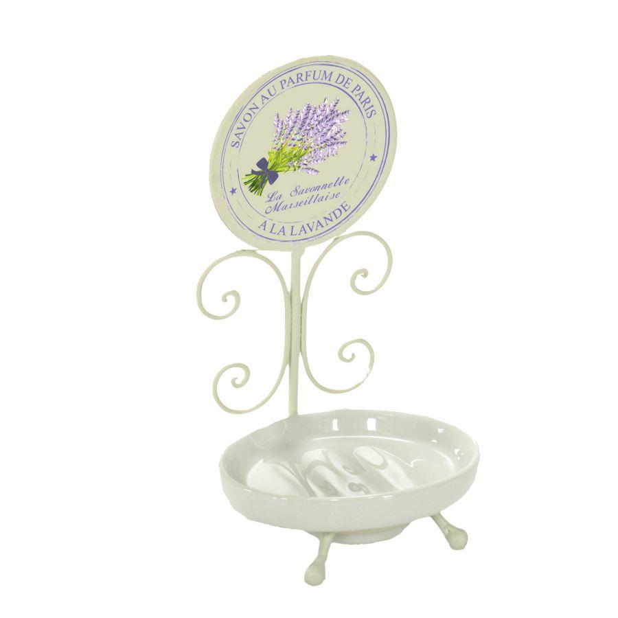 Portasapone in metallo e ceramica bianca, dimensioni 10,5x10x21,5 cm
