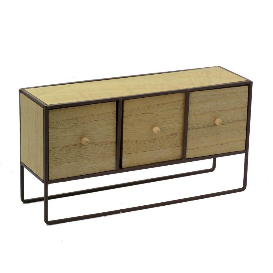 Portatutto legno e metallo marrone arrugginito con 3 cassetti - Dimensioni cm38x11h20