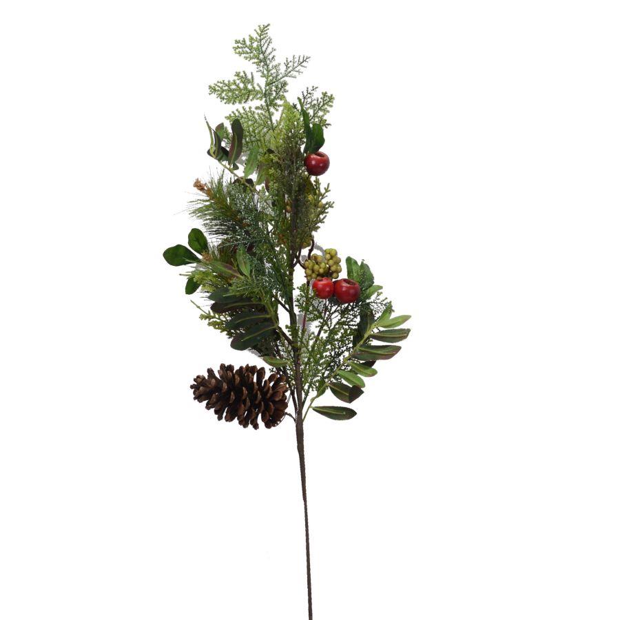 Ramo decorativo con pigna, foglie e bacche rosso 24x73 cm