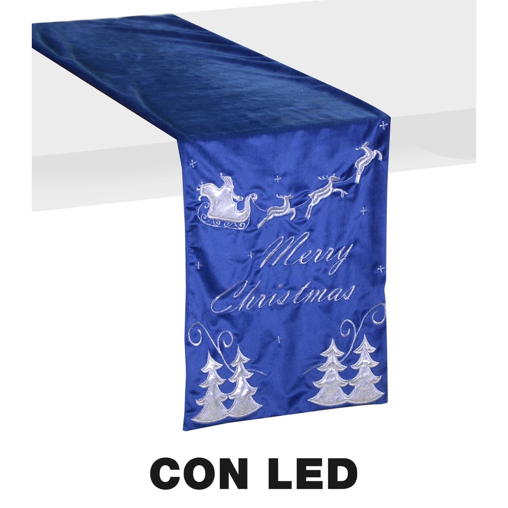 Runner tessuto con luci LED e motivi di renne blu - 32x182x0,5 cm