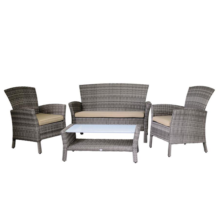 Salotto Amalia Polyrattan grigio con cuscini - Dimensioni: Poltrona: 68x68x85 cm, Divano: 124x72x85 cm, Tavolo: 90x45x38 cm