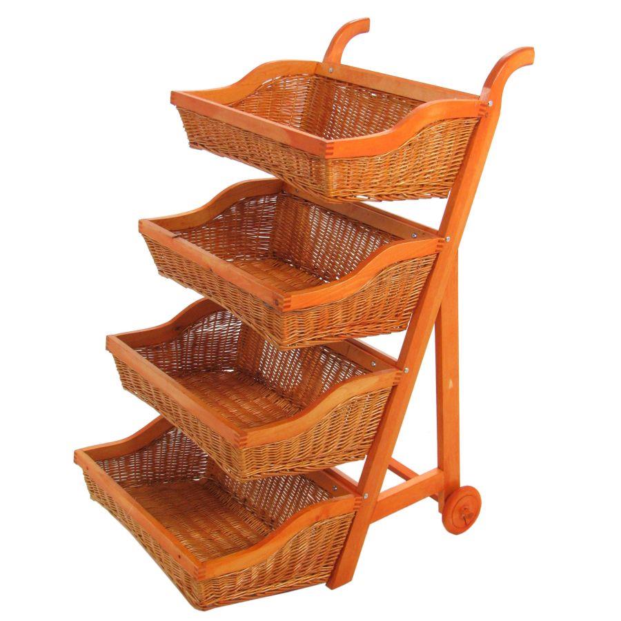 Scaffale espositore con ruote in vimini 4 cestelli - Misure: 58x44x110 cm