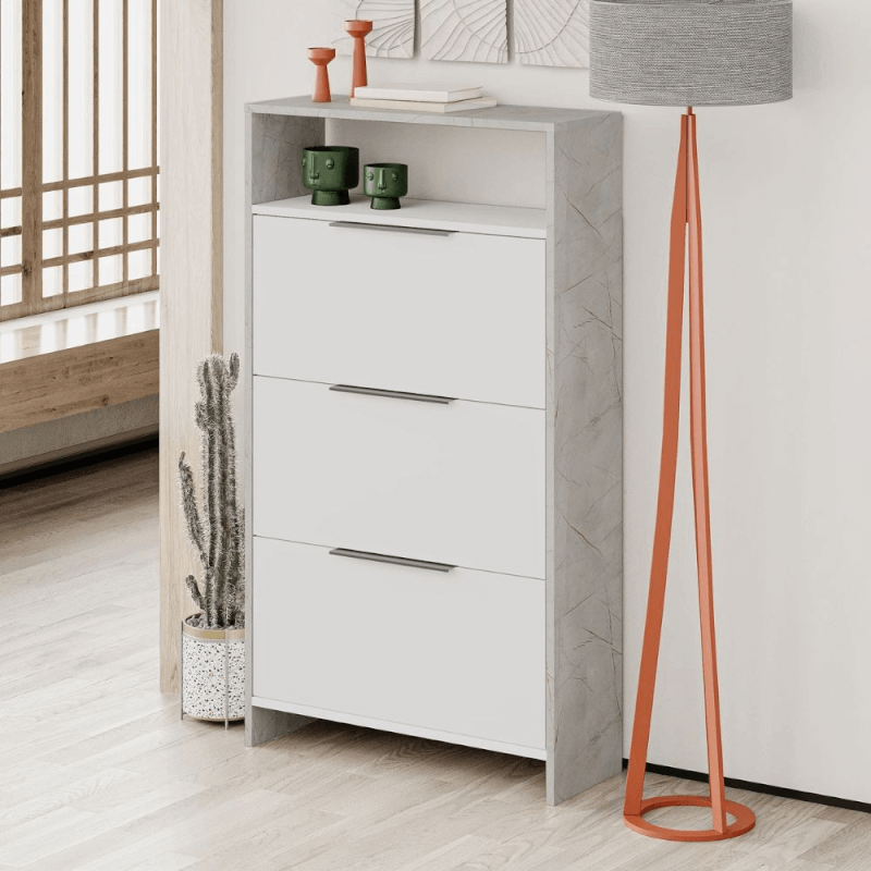 Scarpiera Kaju 3 ante a ribalta bianco e struttura effetto marmo grigio