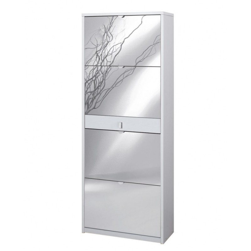 Scarpiera con 4 ante a specchio, un cassetto, Bianco Cenere, 63x29x164 cm
