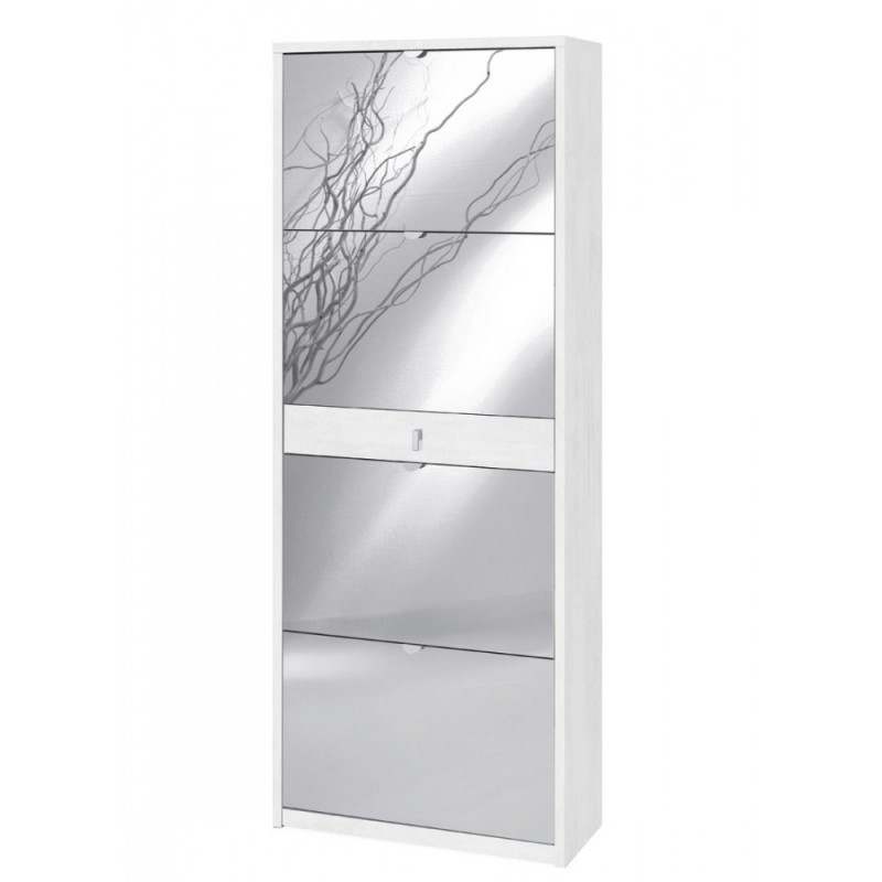 Scarpiera a specchio con 4 ante e cassetto, Bianco Ossido, 63x29x164 cm