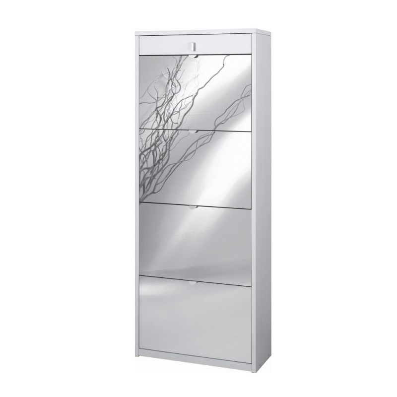 Scarpiera con 4 ante a specchio e cassetto superiore, Bianco Cenere, 63x29x164 cm