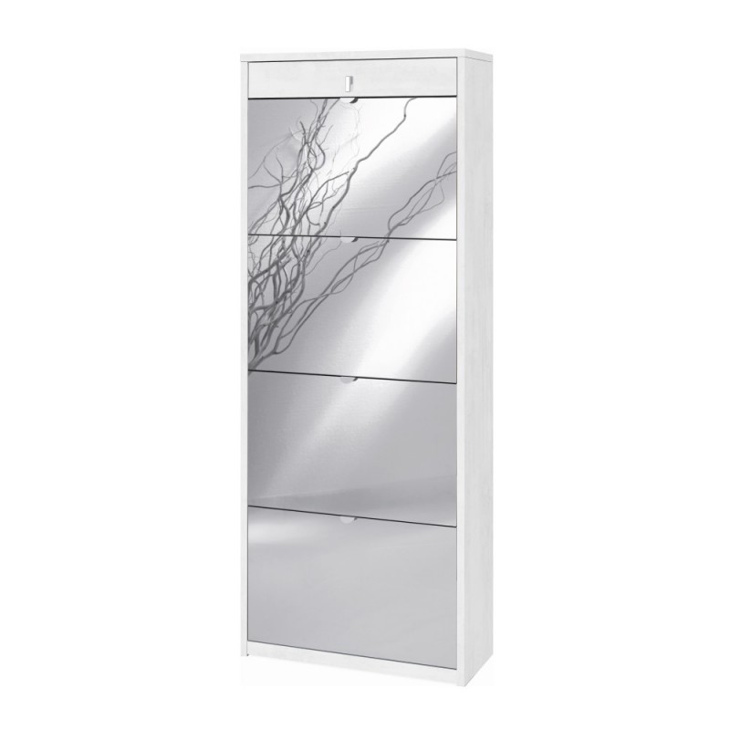 Scarpiera a specchio con 4 ante e cassetto superiore, Bianco Ossido, 63x29x164 cm