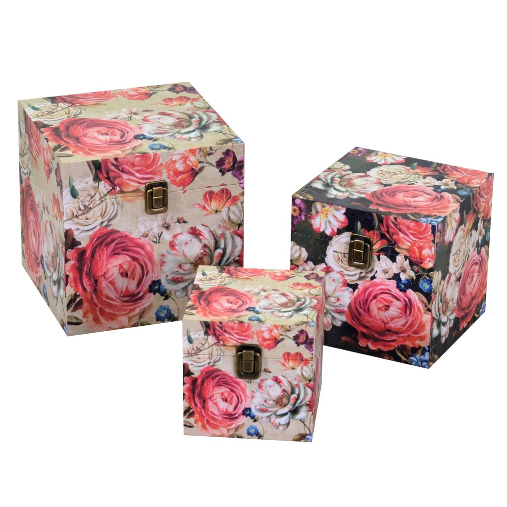 Scatola ecopelle 1-3 fiori crema 22x22x22 cm