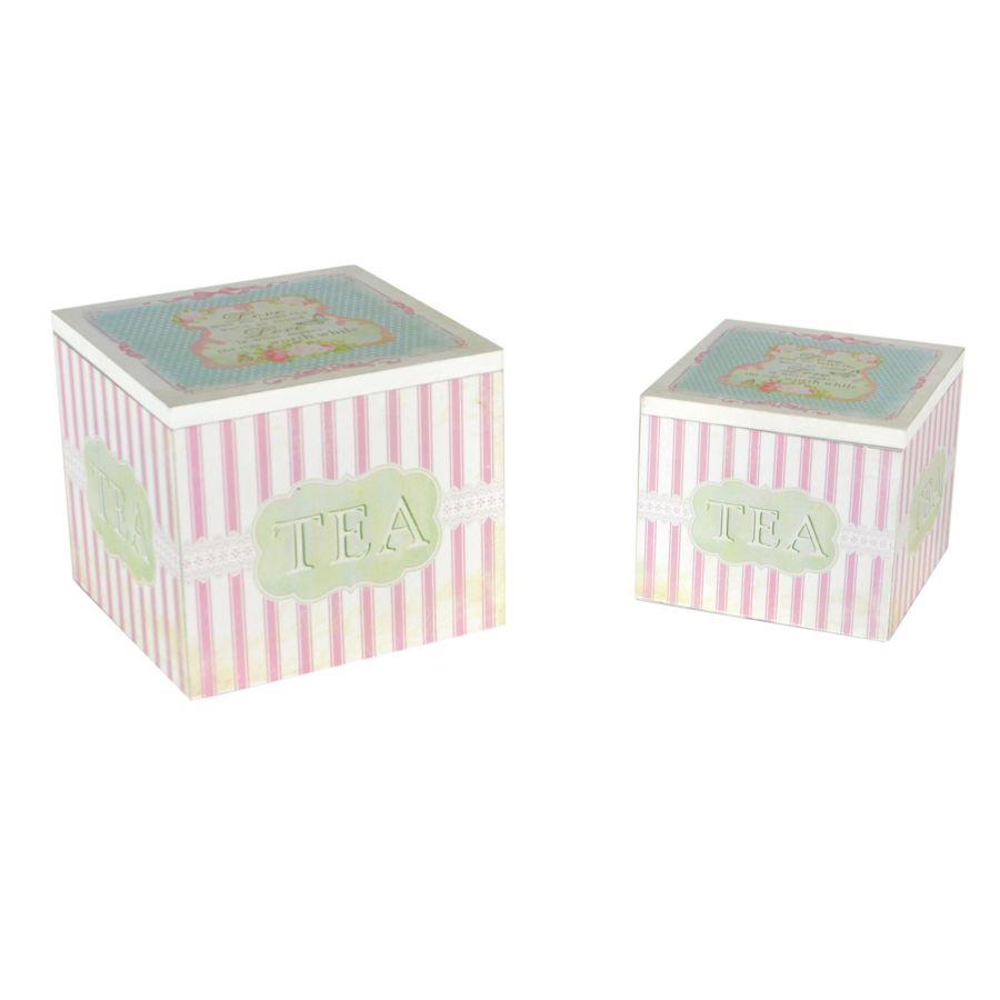 Scatola portate in legno quadrata con righe rosa, 15x13x15 cm