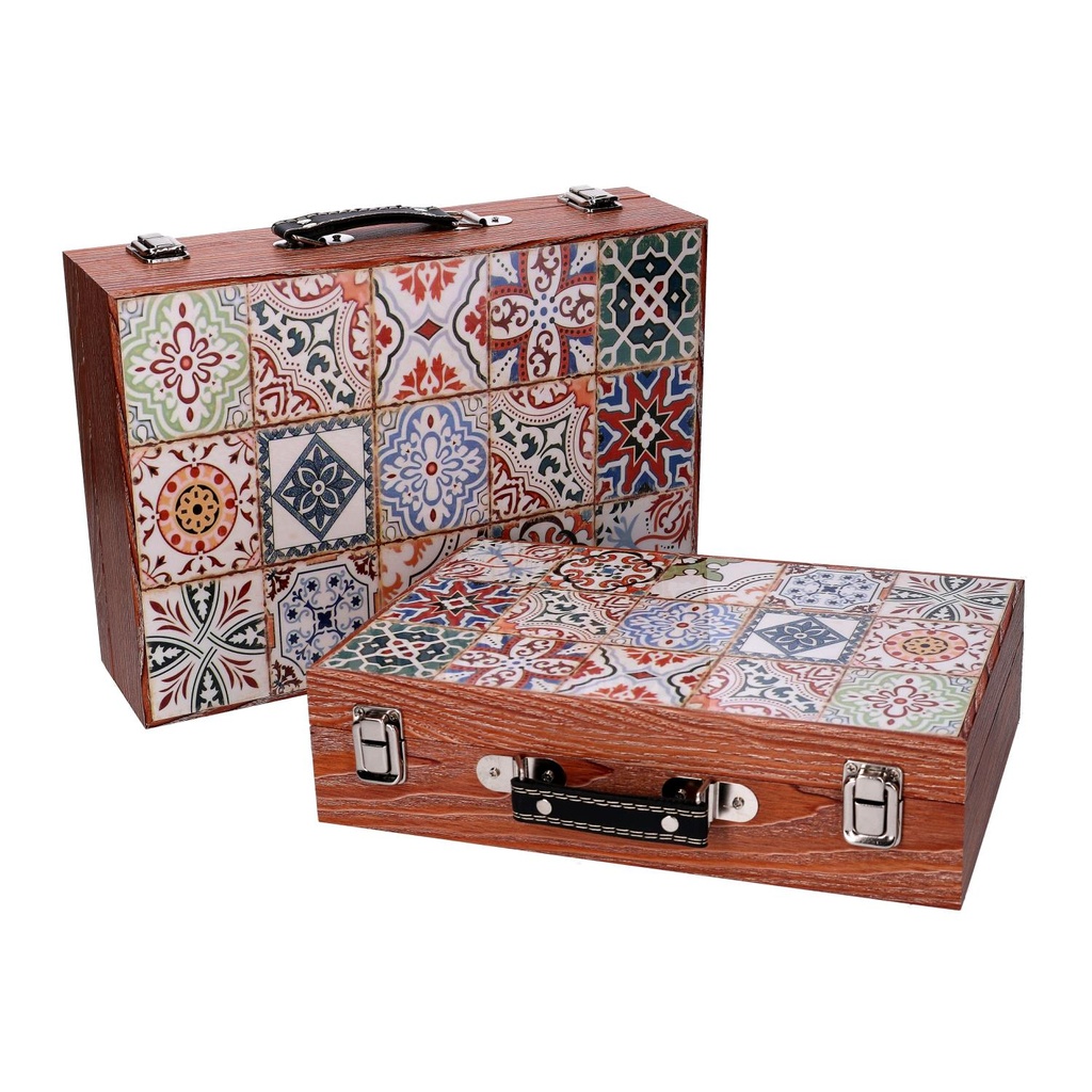 Scatola valigia legno 1-2 con mosaico bordo marrone cm34x9,3h24