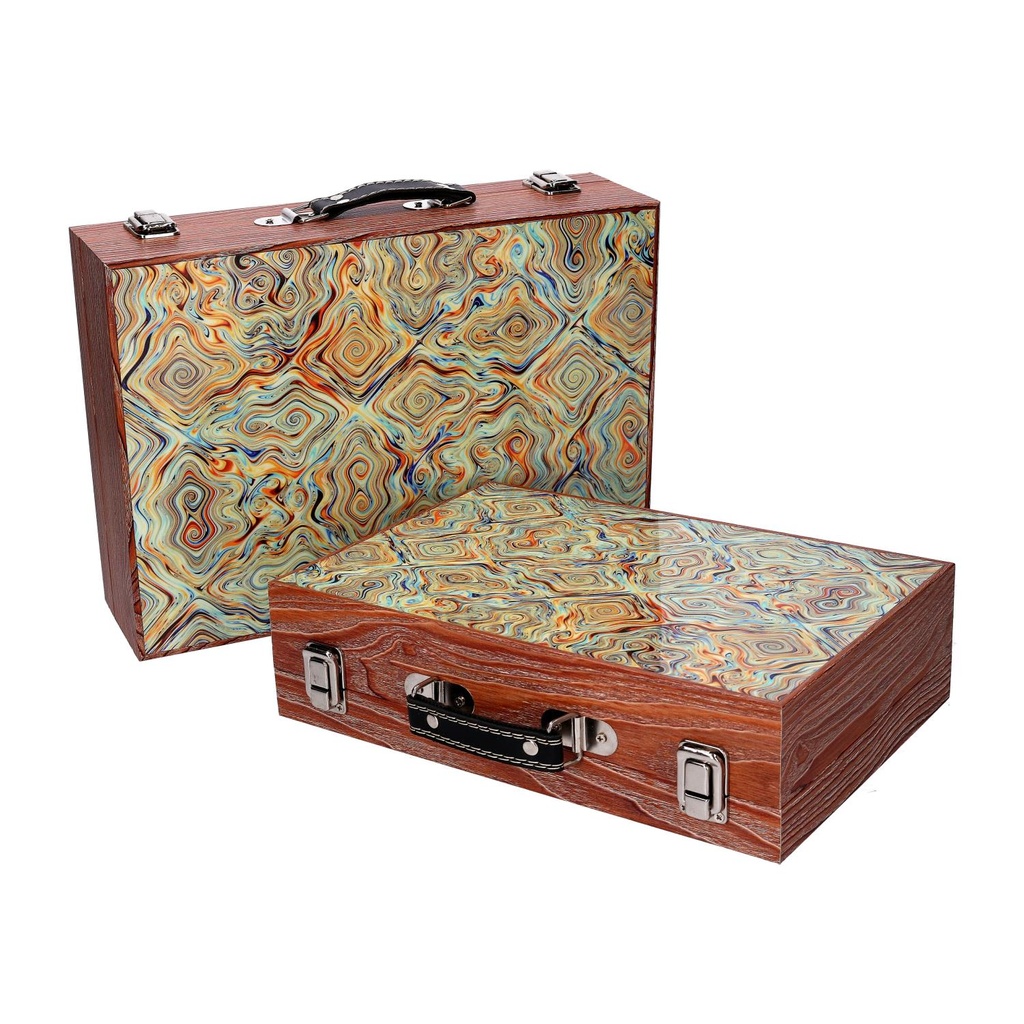 Scatola valigia legno verde bordo marrone cm34x9,3h24