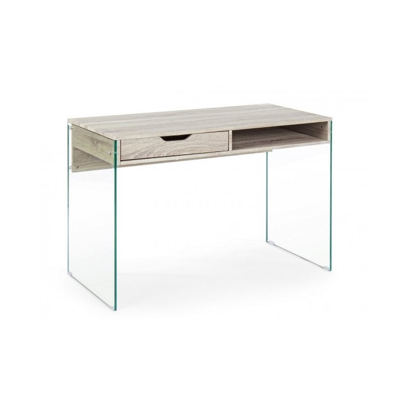 Scrivania di design in legno naturale con cassetto e gambe in vetro 110x55x76 cm