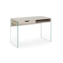 Scrivania di design in legno naturale con cassetto e gambe in vetro 110x55x76 cm