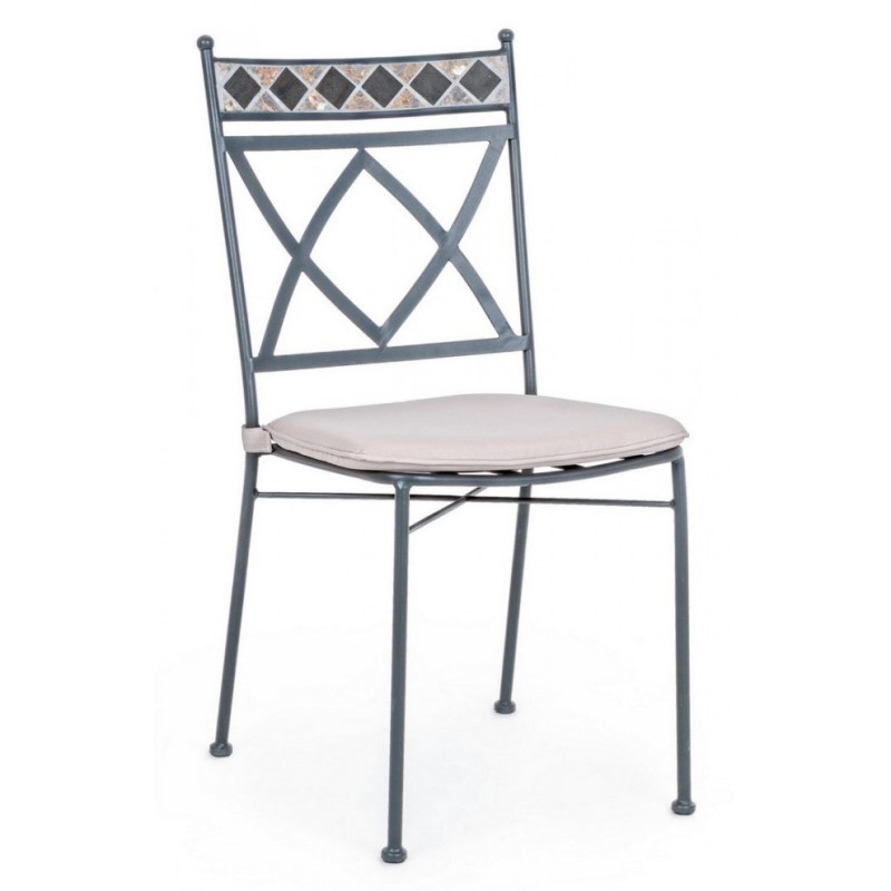 Sedia da esterno in metallo Berkley - Struttura zincata e verniciata a polvere - Schienale in ceramica a mosaico - Cuscino sfoderabile - Impilabile - Imballo senza cartone - Set da 4 pezzi