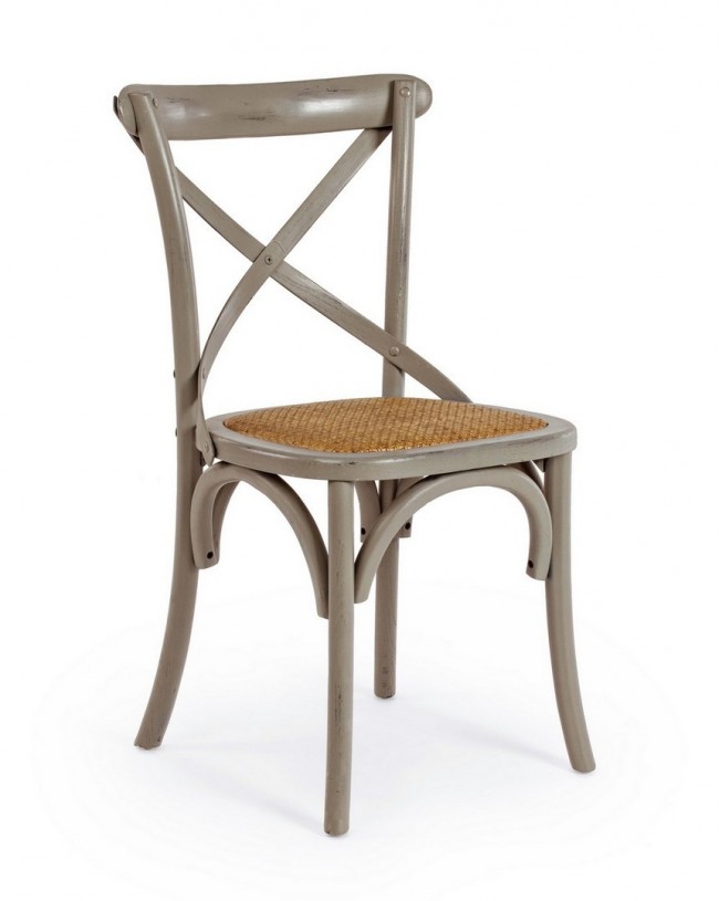 Sedia Grigio Scuro in Legno di Olmo con Seduta Imbottita in Rattan Naturale
