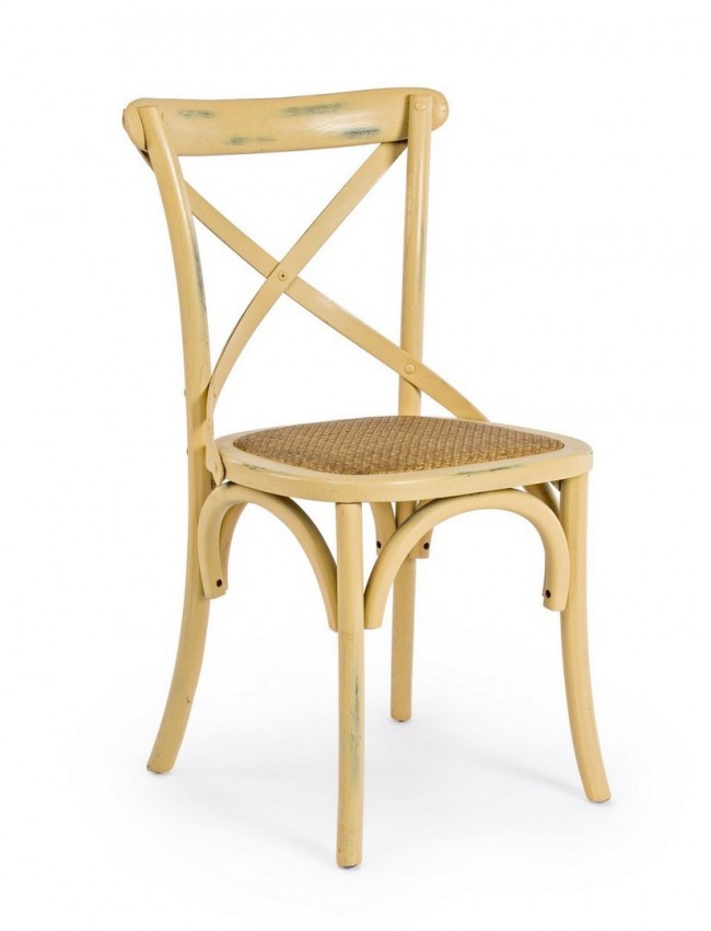 Sedia Cross Ocra - Struttura in Legno di Olmo, Seduta Imbottita in Rattan Naturale, Finitura Poliuretanica - 50.5a x 52b x 87h x 46h1