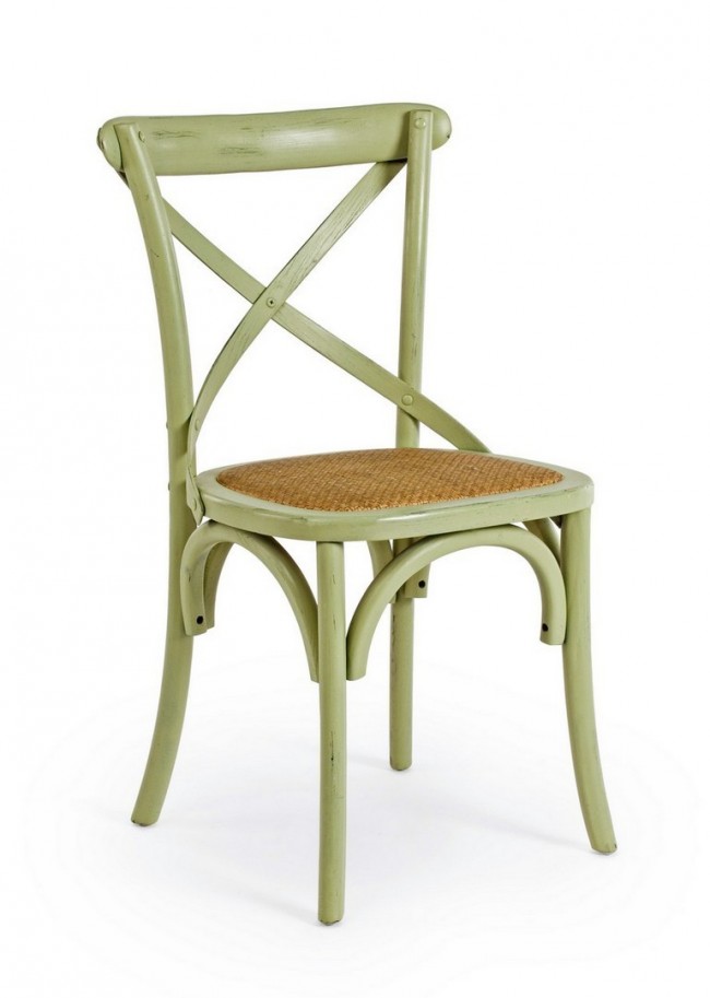 Sedia Cross Verde in Legno di Olmo con Seduta Imbottita in Rattan Naturale
