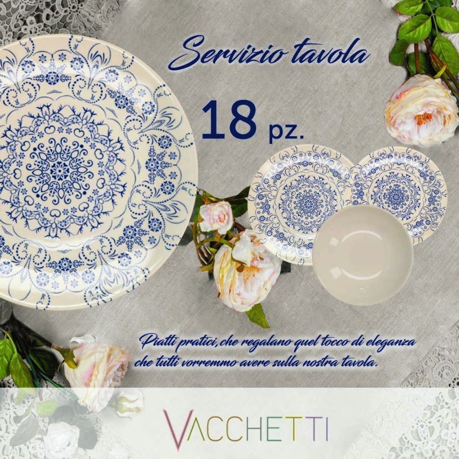 Servizio di piatti 18 pezzi con decoro azzurro/crema - Dimensioni: 27x27x26 cm