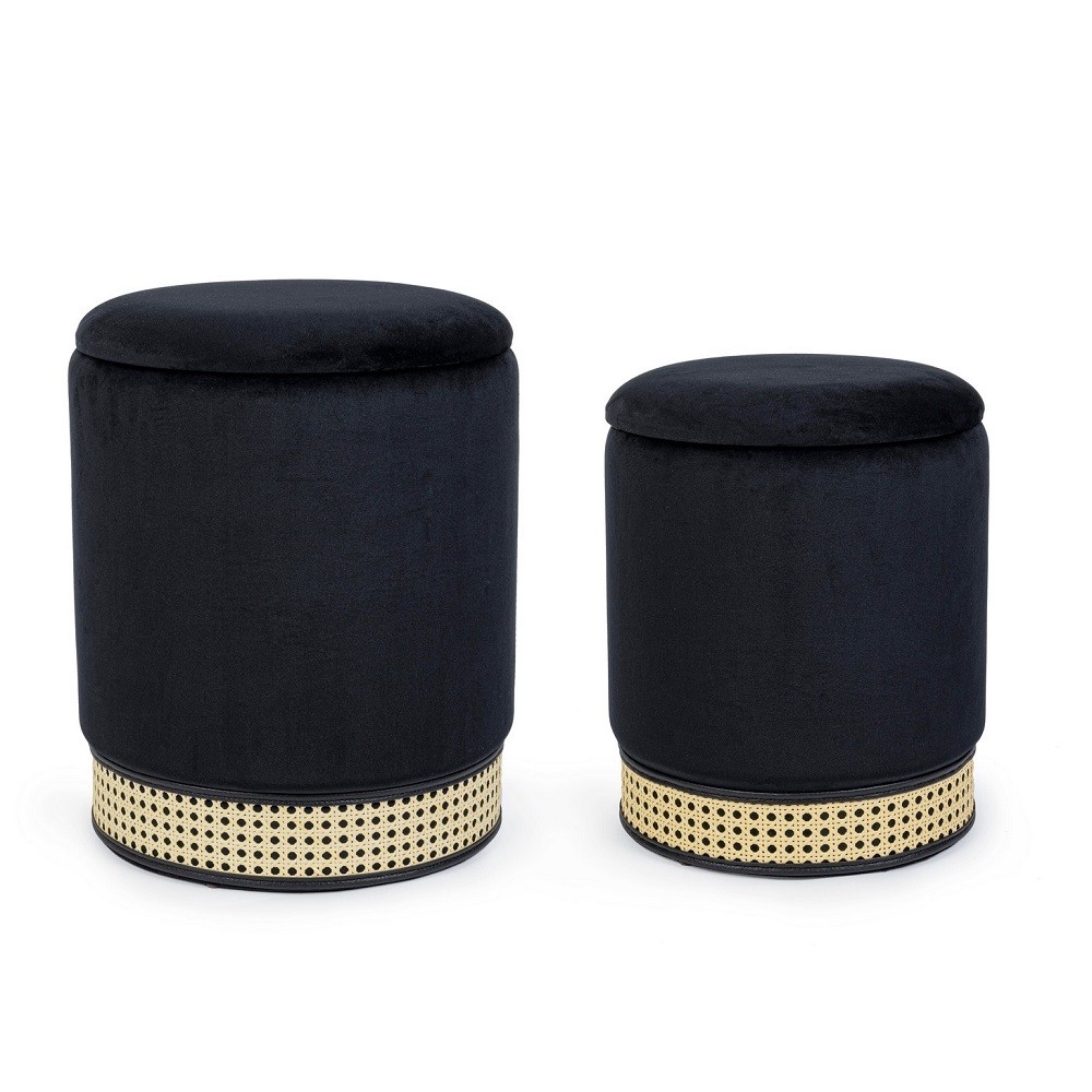 Set 2 Pouf Contenitore Tessuto Nero Milena - Grande Ø36x44cm, Piccolo Ø31.5x40cm