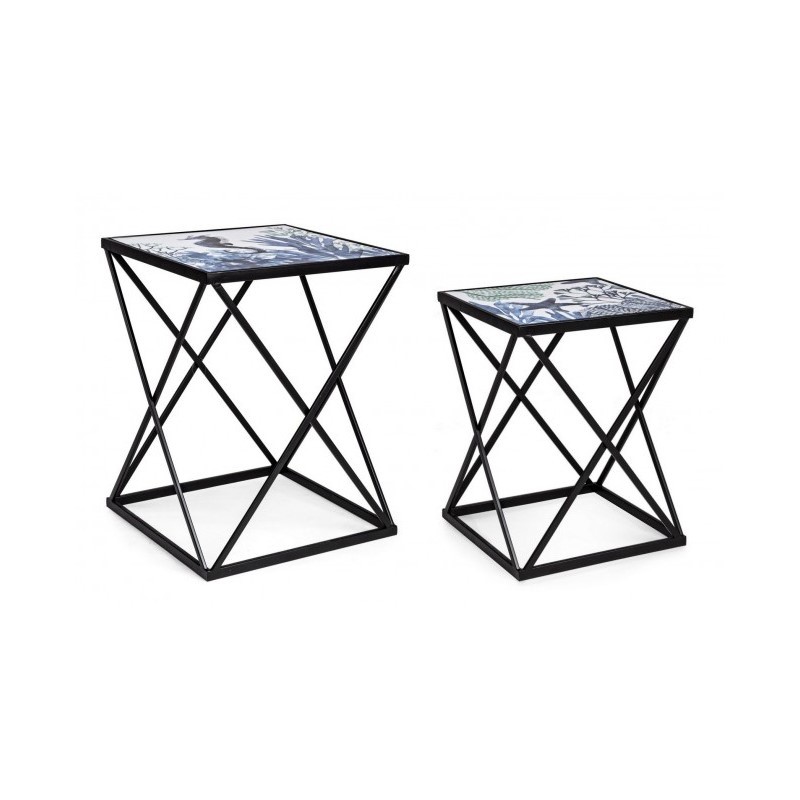 Set di Tavolini in Acciaio Nero con Fantasia Marina REEF K04 - 2 Pezzi