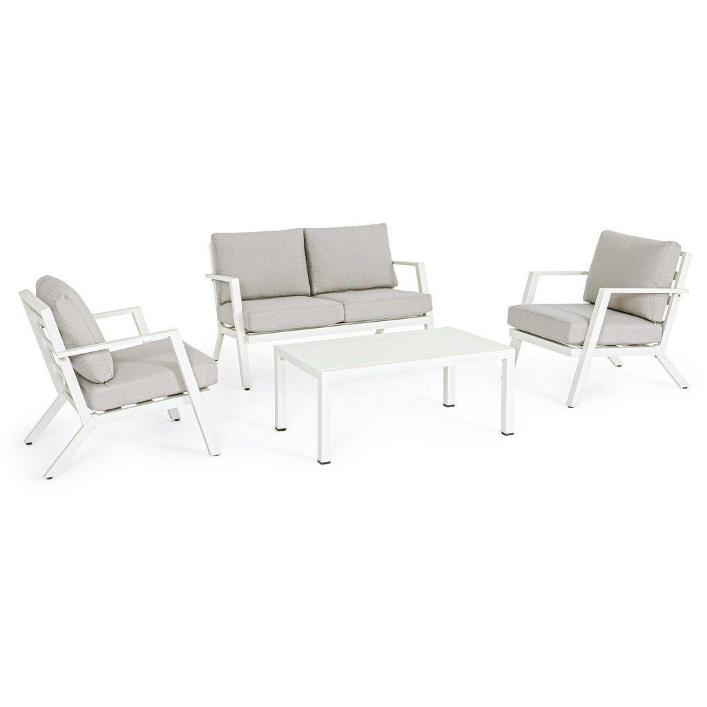Set da esterno 4 pz Salotto con cuscini Harley bianco - Dimensioni: 68x81.5x76 cm (poltrone), 127x81.5x76 cm (divano), 100x60x42 cm (tavolino)