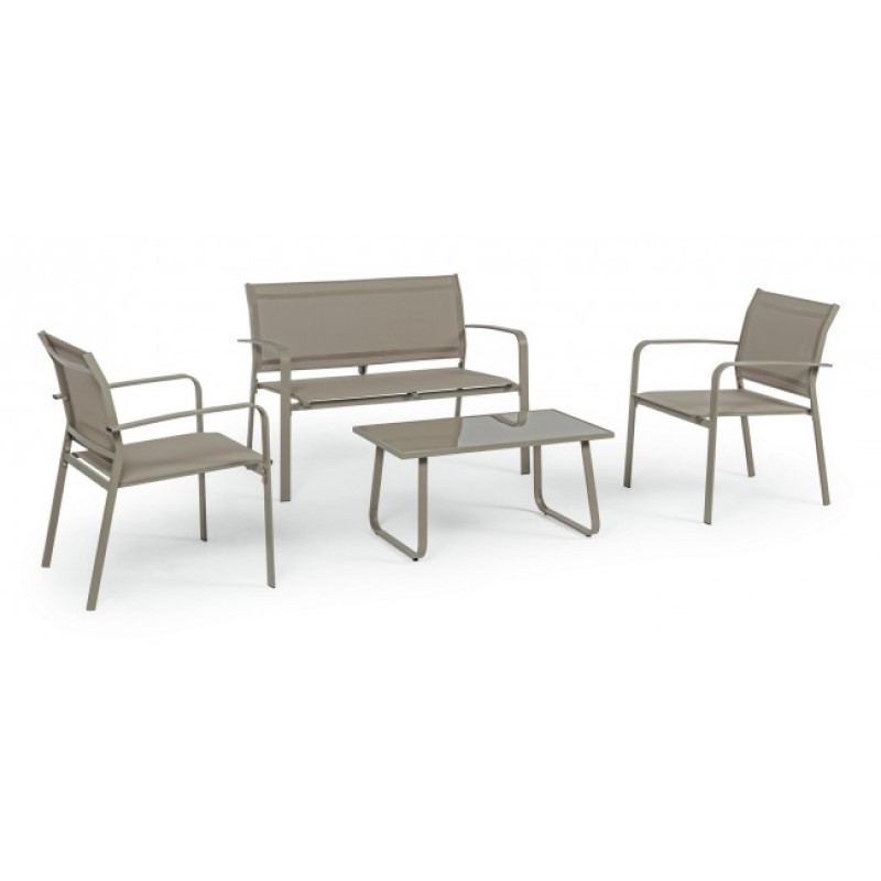 Set da giardino tortora, Bizzotto, 4 pezzi - Struttura in acciaio, verniciato a polvere, seduta e schienale in textilene 2x1, tavolino con vetro temperato e stampato, viteria in acciaio galvanizzato - Misure: Sedia 59.5x62.5x78h, Divano 118x62.5x78h, Tavolino 80x45x39h