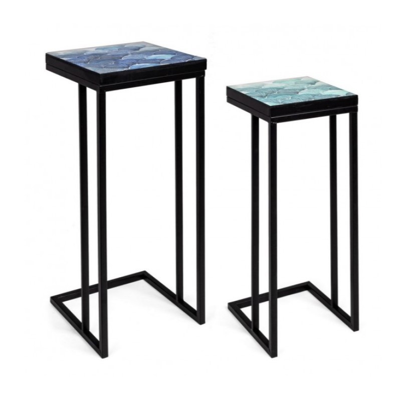 Set tavolini moderni arredo industrial pz 2, struttura in acciaio verniciata a polvere epossidica, piano in mdf con finitura a base d'acqua, piccolo 28x28x66h, grande 33x33x74h