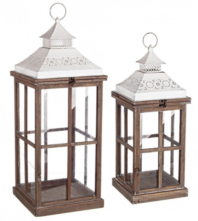 Set di 2 Lanterne in Merletto Bianco-Nat. - Legno di Abete, Ferro, Vetro - Dimensioni: 30x30x78 cm e 22x22x55 cm