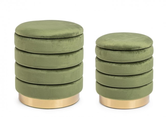 Set2 Pouf Contenitore in Velluto Darina Olive - Pouf G: 40x44 cm, Pouf P: 36x38 cm