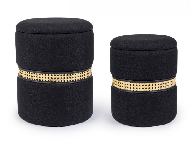 Set2 Pouf Contenitore Karina Nero - Pouf con Contenitore in Similpelle e Rattan Sintetico - Dimensioni: G: 36 cm x 44 cm, P: 31,5 cm x 40 cm